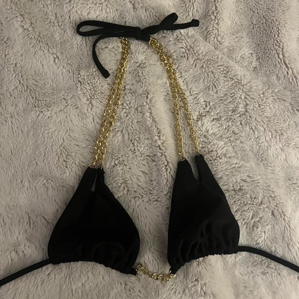 Black Triangle Bikini Top with Gold Chain Straps